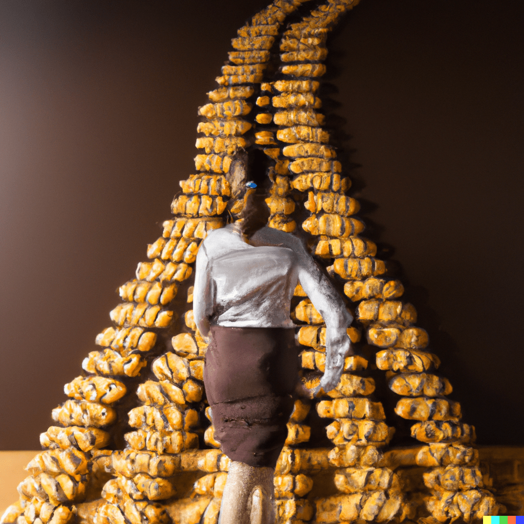 An attempt to create "woman ascending an infinity staircase made out of cookies" by DALL·E, inputted by Henry Keyser